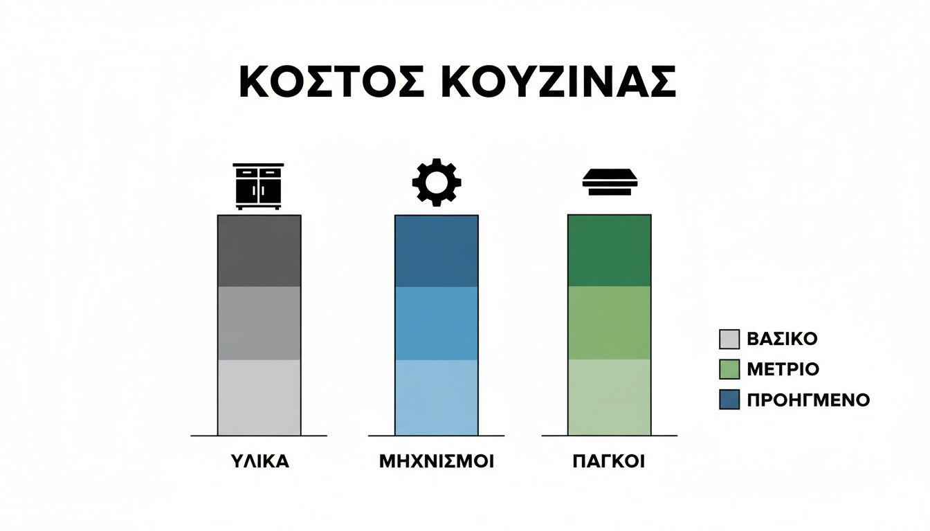 Γραφική παράσταση κόστους κουζίνας ανά υλικά, μηχανισμούς και πάγκους, με βασικές, μέτριες και προηγμένες επιλογές.