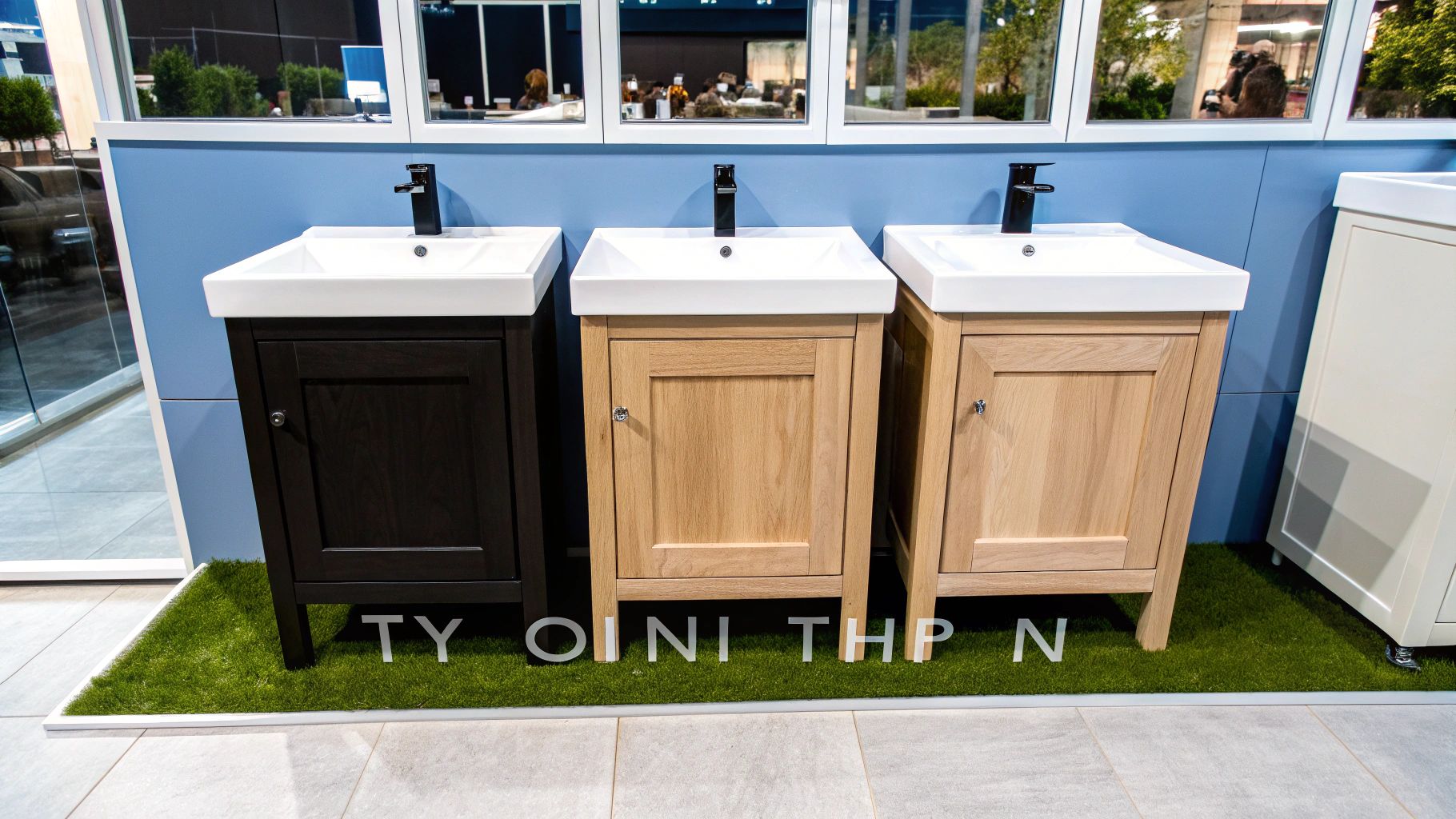 Τρία έπιπλα μπάνιου με νιπτήρες και βρύσες, με σκούρο και ανοιχτόχρωμο ξύλο, σε έκθεση.