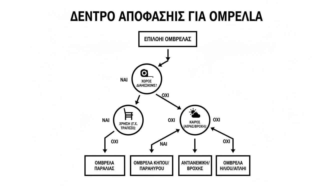 Διάγραμμα ροής επιλογής ομπρέλας με ερωτήσεις για διαθέσιμο χώρο, χρήση και καιρό, οδηγώντας σε διαφορετικούς τύπους ομπρελών.