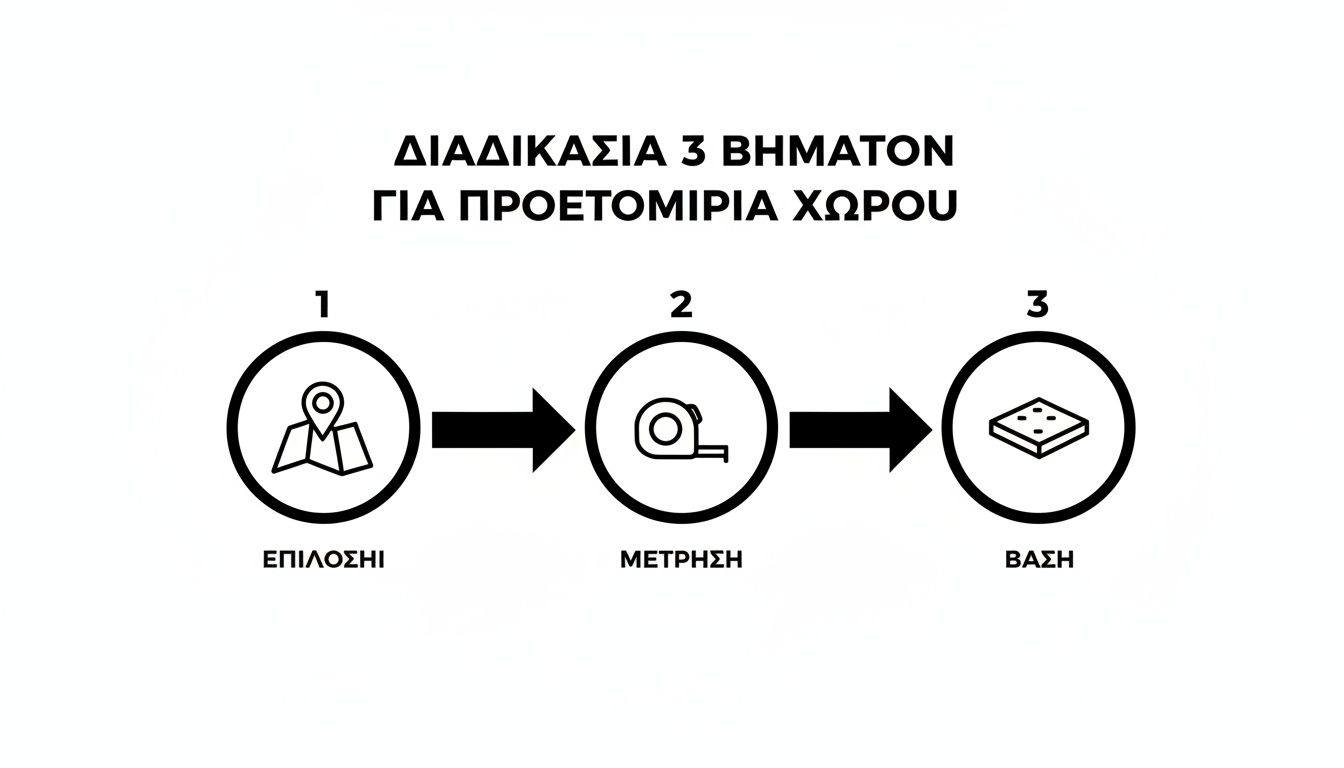 Επεξηγηματικό διάγραμμα με 3 βήματα για την προετοιμασία ενός χώρου: επιλογή, μέτρηση και βάση.