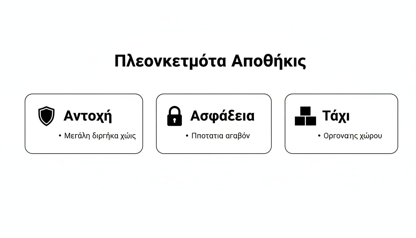 Εικόνα που δείχνει τα πλεονεκτήματα μιας αποθήκης: αντοχή, ασφάλεια και οργάνωση χώρου με σχετικά εικονίδια.