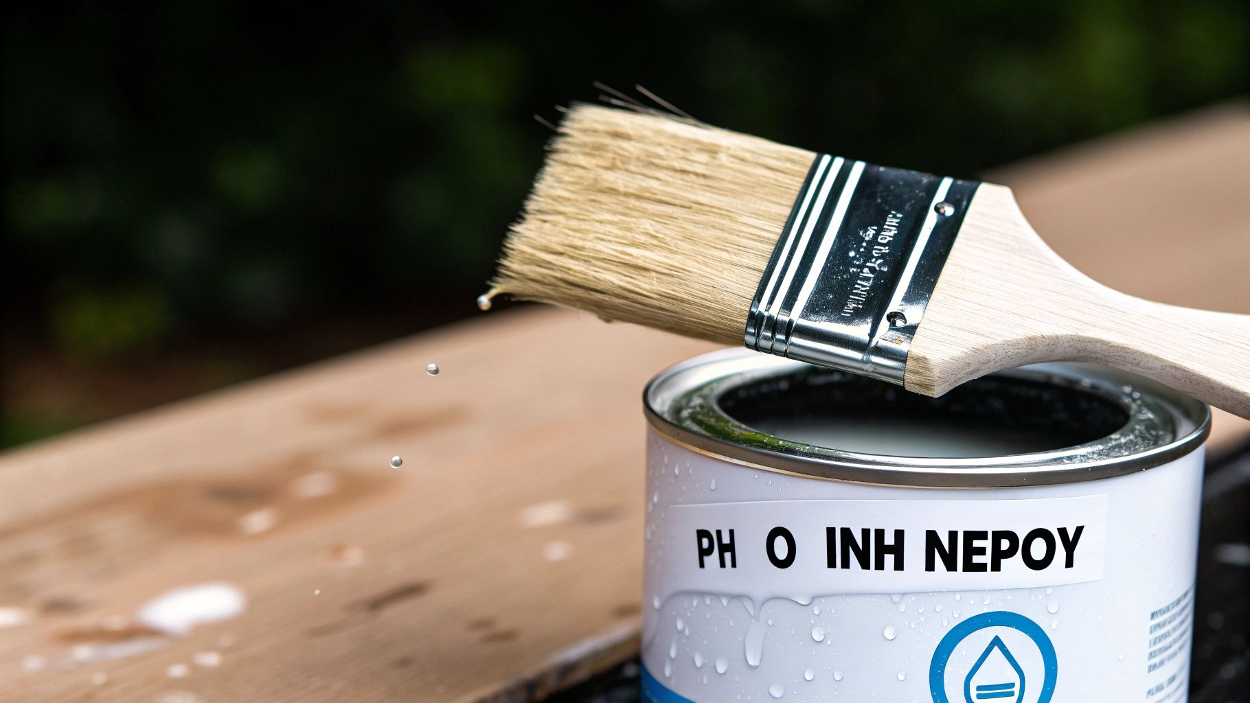 Ένα πινέλο ακουμπισμένο σε ανοιχτό κουτί με ριπολίνη νερού, έτοιμο για εργασίες βαφής.