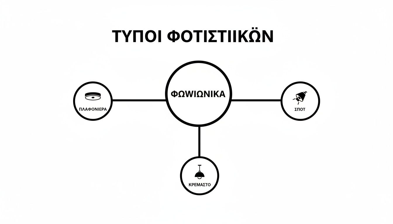 Διάγραμμα που απεικονίζει τους τύπους φωτιστικών: πλαφονιέρα, σποτ και κρεμαστό φωτιστικό.