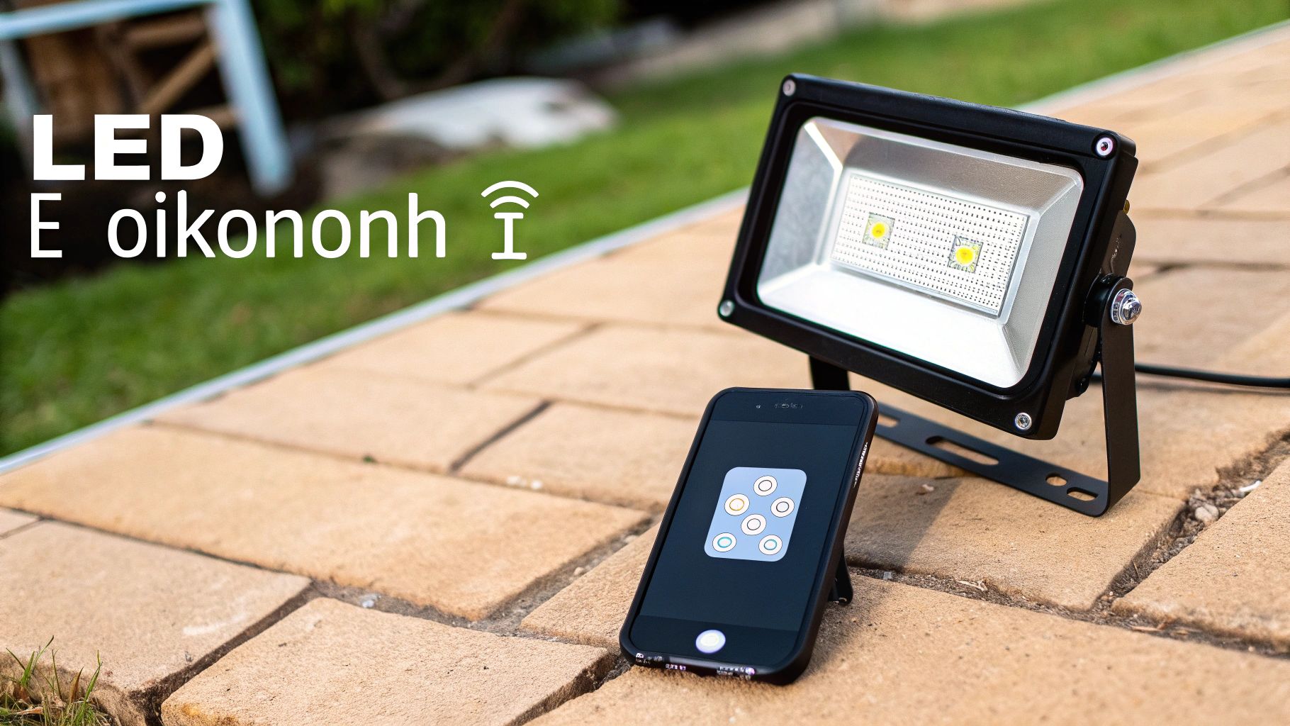 Φωτιστικό LED εξωτερικού χώρου και smartphone με εφαρμογή ελέγχου, υποδηλώνοντας οικονομία και έξυπνο φωτισμό.