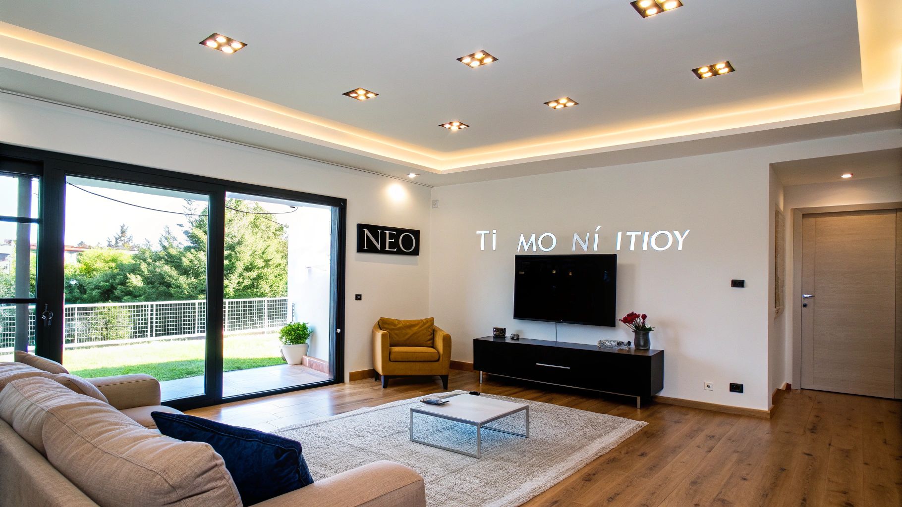 Ευρύχωρο σαλόνι με μοντέρνο φωτισμό, άνετο καναπέ, τηλεόραση και πρόσβαση σε καταπράσινο κήπο.
