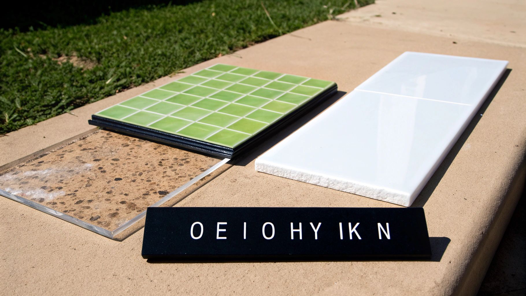 Δείγματα πλακιδίων και γυαλιού τοποθετημένα σε εξωτερικό χώρο με φόντο γρασίδι και ένα μαύρο σημάδι με γράμματα.