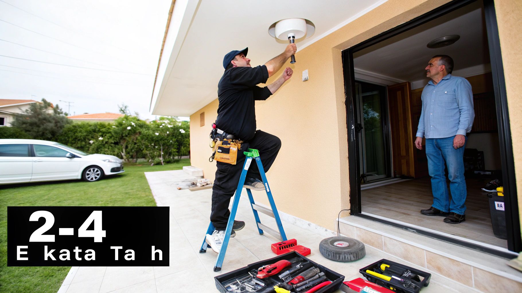 Ηλεκτρολόγος τοποθετεί φωτιστικό οροφής σε εξωτερικό χώρο, με έναν άνδρα να παρακολουθεί και εργαλεία στο έδαφος.