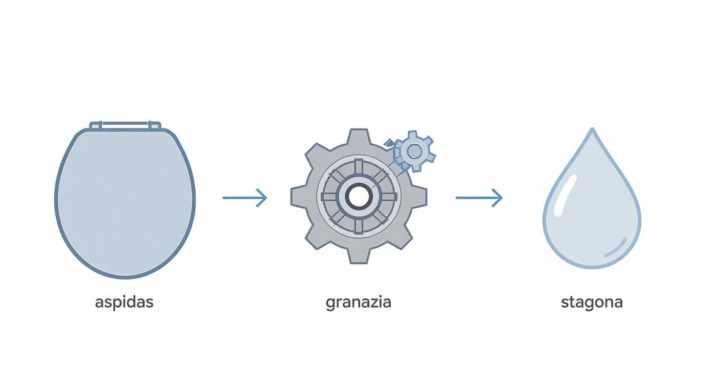 Διάγραμμα που απεικονίζει ένα κάλυμμα τουαλέτας, γρανάζια και μια σταγόνα, υποδηλώνοντας τη λειτουργία ενός μηχανισμού.