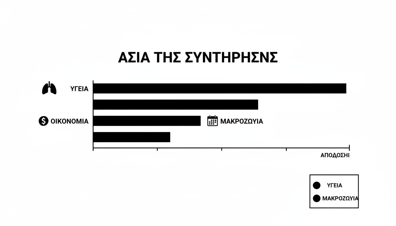Γράφημα ράβδων με τίτλο «Ασία της Συντήρησης», που απεικονίζει την απόδοση της υγείας και της μακροζωίας.