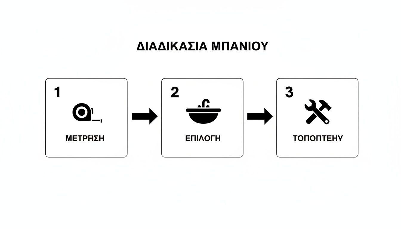 Διαδικασία 3 βημάτων για το μπάνιο: μέτρηση, επιλογή προϊόντων και τοποθέτηση.