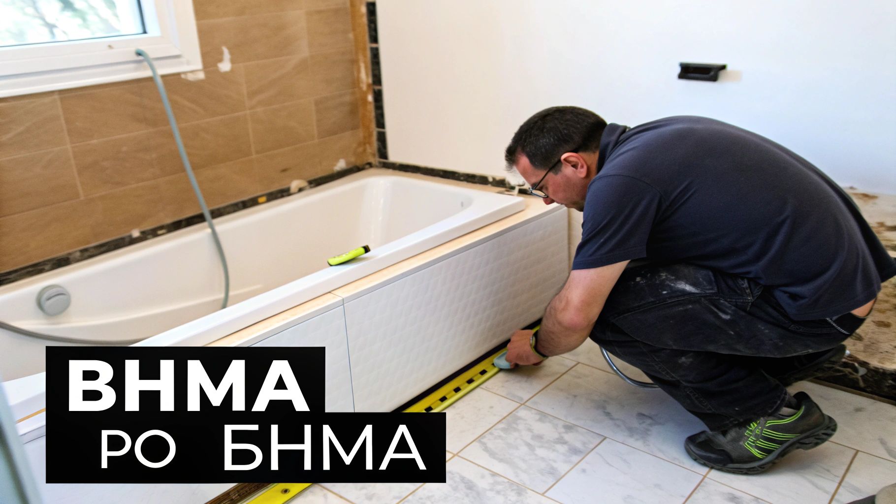 Άντρας εργάζεται σε ανακαίνιση μπάνιου, τοποθετώντας επένδυση γύρω από την μπανιέρα.