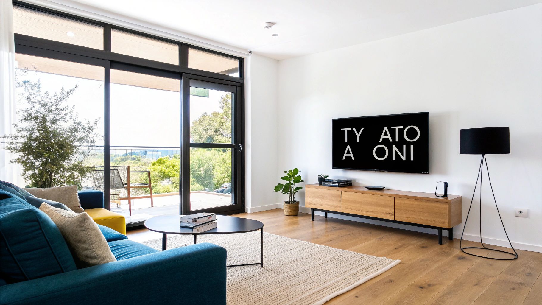 Μοντέρνο σαλόνι με ουδέτερη χρωματική παλέτα και μπλε πινελιές