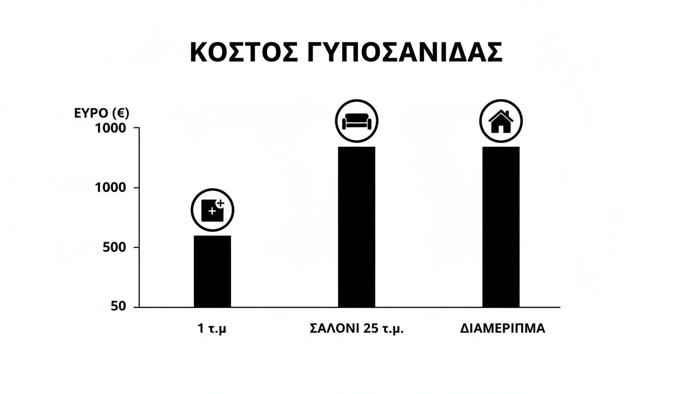 Ραβδόγραμμα με το κόστος γυψοσανίδας σε ευρώ για 1 τ.μ., σαλόνι 25 τ.μ. και διαμέρισμα.