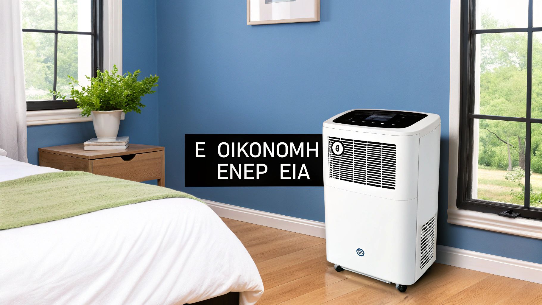 Λευκός φορητός αφυγραντήρας σε μοντέρνο υπνοδωμάτιο με μπλε τοίχους και κείμενο εξοικονόμησης ενέργειας.