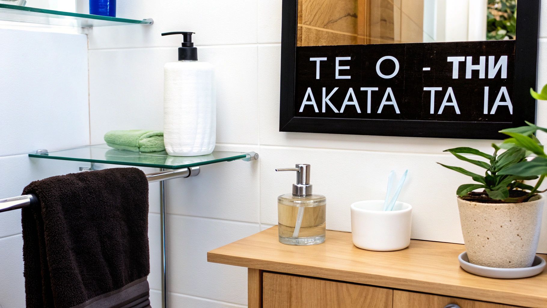 Μπάνιο με γυάλινο ράφι, σκούρα πετσέτα, αντλία σαπουνιού, ποτήρι και φυτό σε γλάστρα.