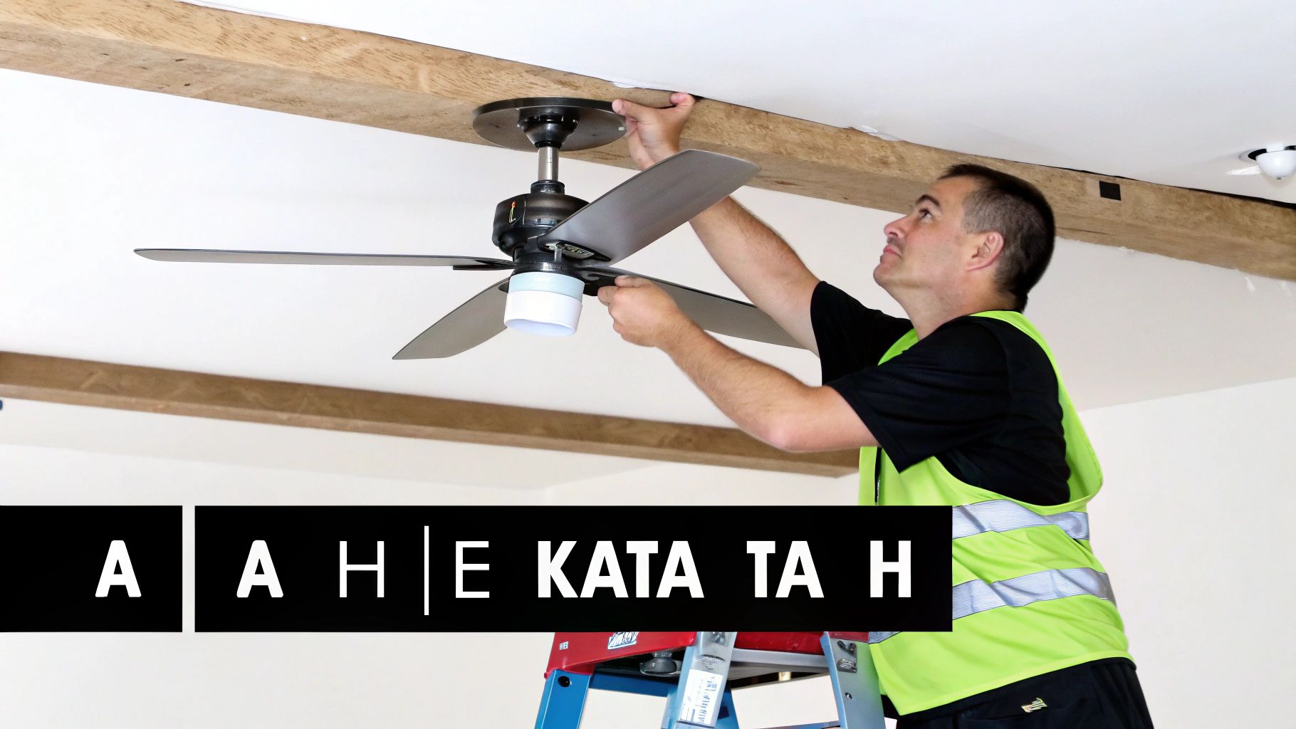 Ένας τεχνικός εγκαθιστά έναν ανεμιστήρα οροφής σε ένα μοντέρνο σπίτι