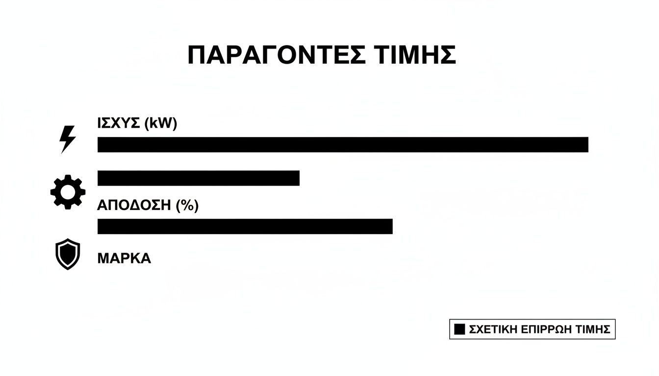 Διάγραμμα που δείχνει τους παράγοντες που επηρεάζουν την τιμή, όπως ισχύς, απόδοση και μάρκα με τη σχετική τους επιρροή.