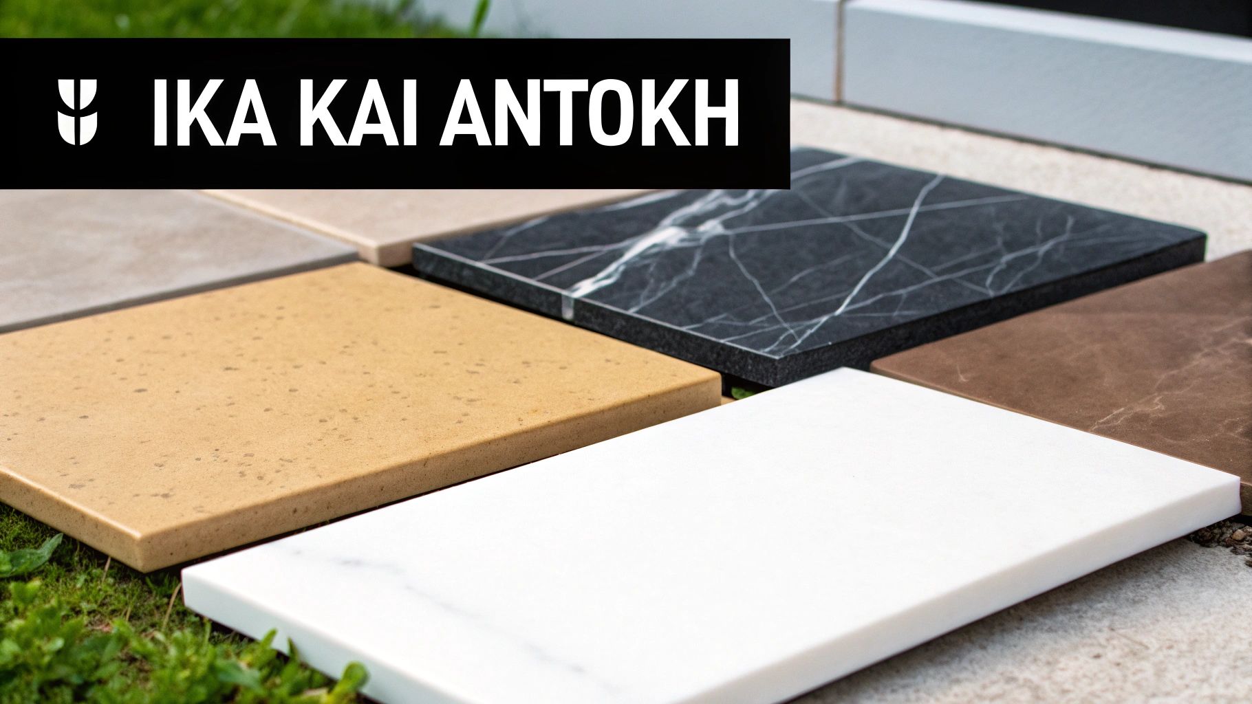 Ποικιλία δειγμάτων υλικών επιφανειών σε διάφορα χρώματα και υφές, όπως μάρμαρο, τοποθετημένα σε εξωτερικό χώρο με γρασίδι.