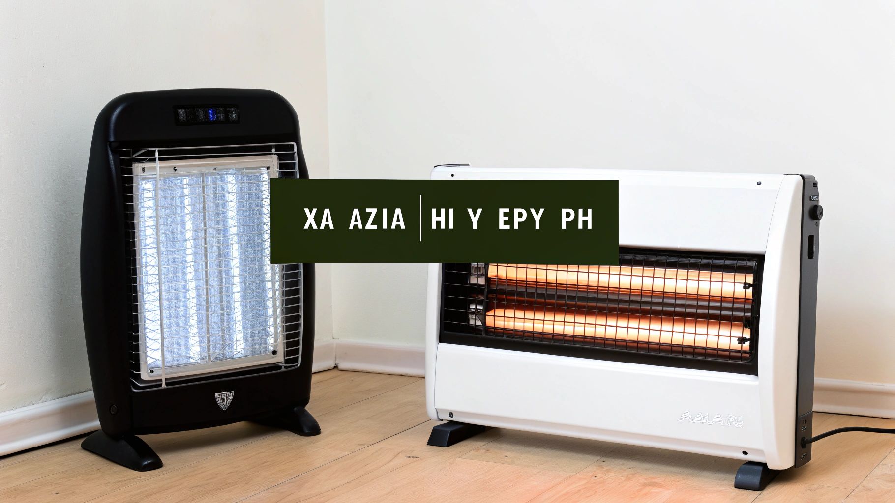 Δύο ηλεκτρικές σόμπες δωματίου, μια μαύρη και μια λευκή, με αναμμένες αντιστάσεις, σε ξύλινο πάτωμα.