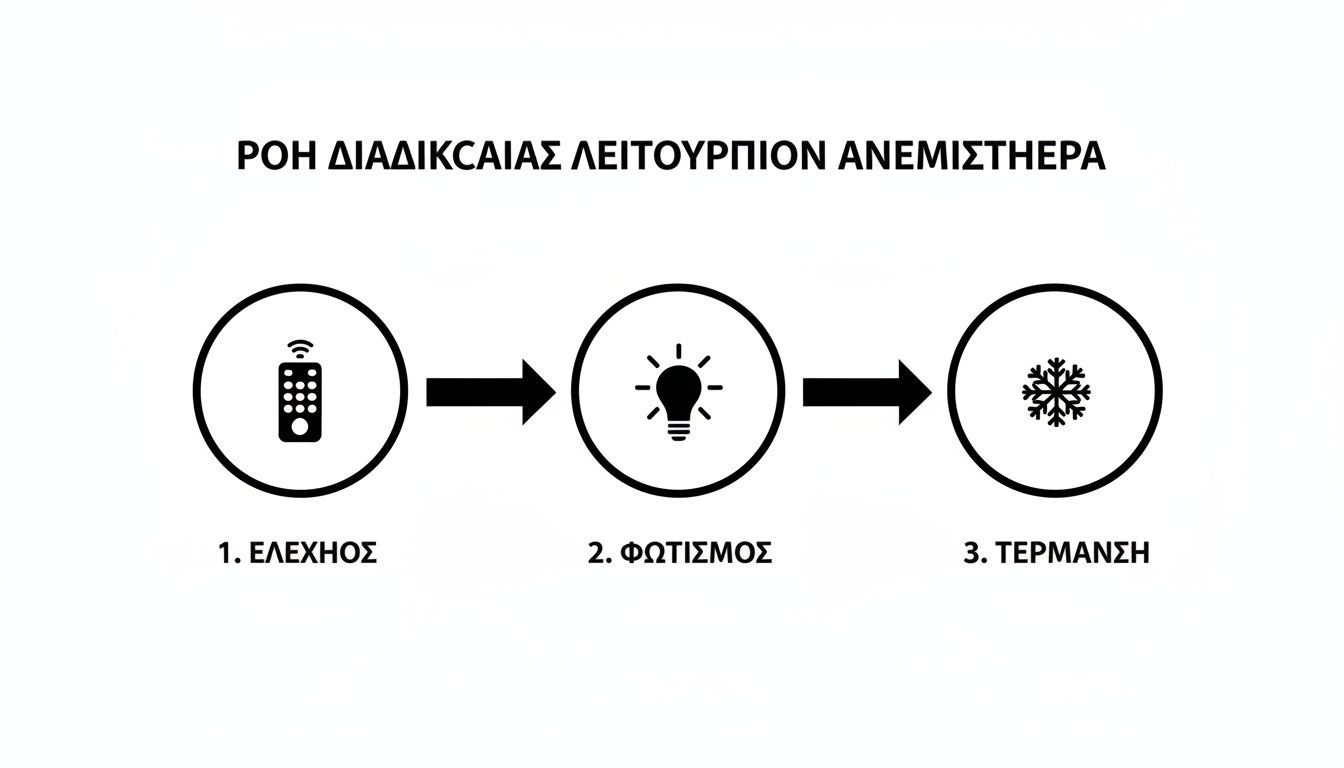 Διάγραμμα ροής λειτουργιών ανεμιστήρα, που δείχνει τον έλεγχο, τον φωτισμό και τη θέρμανση με εικονίδια.