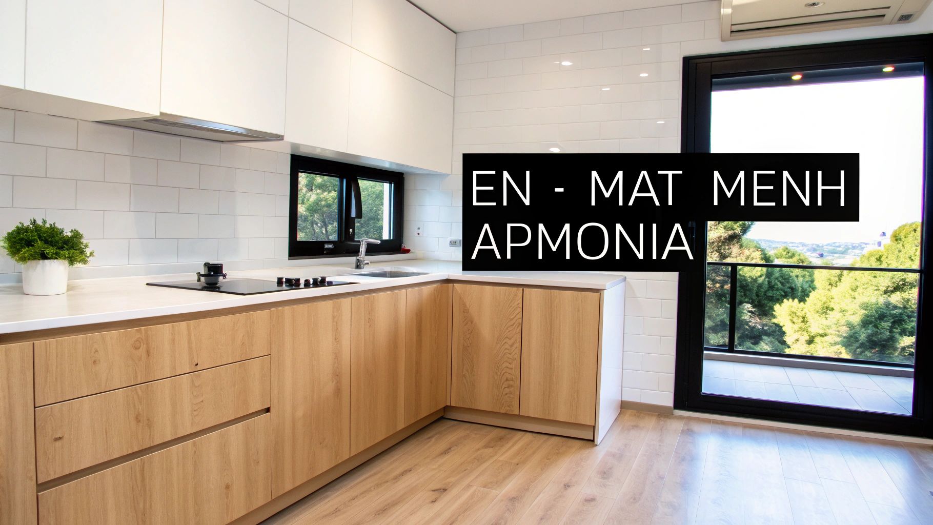 Μοντέρνα κουζίνα με λευκά και ξύλινα ντουλάπια, λευκά πλακάκια, εστία μαγειρέματος και θέα σε μπαλκόνι.