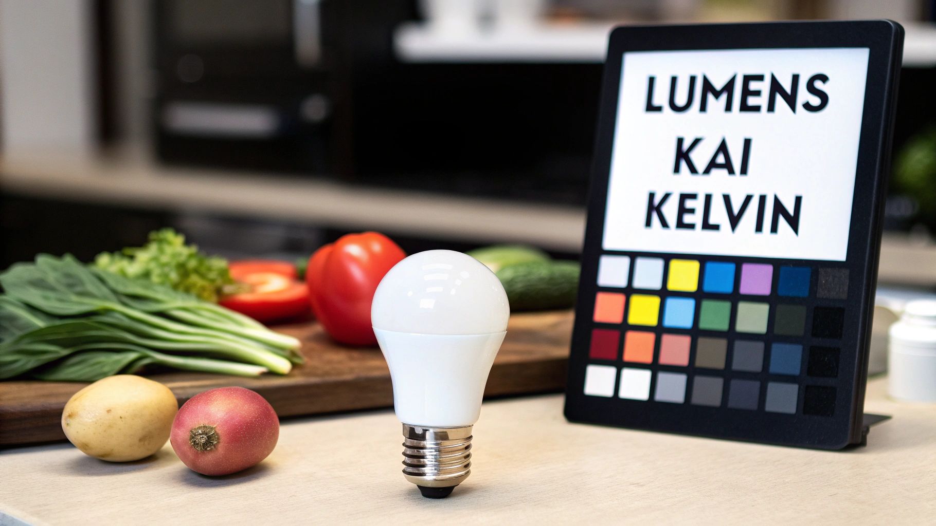 Φωτισμός κουζίνας: Λαμπτήρας LED, φρέσκα λαχανικά και πίνακας χρωμάτων για τη σωστή απόδοση.