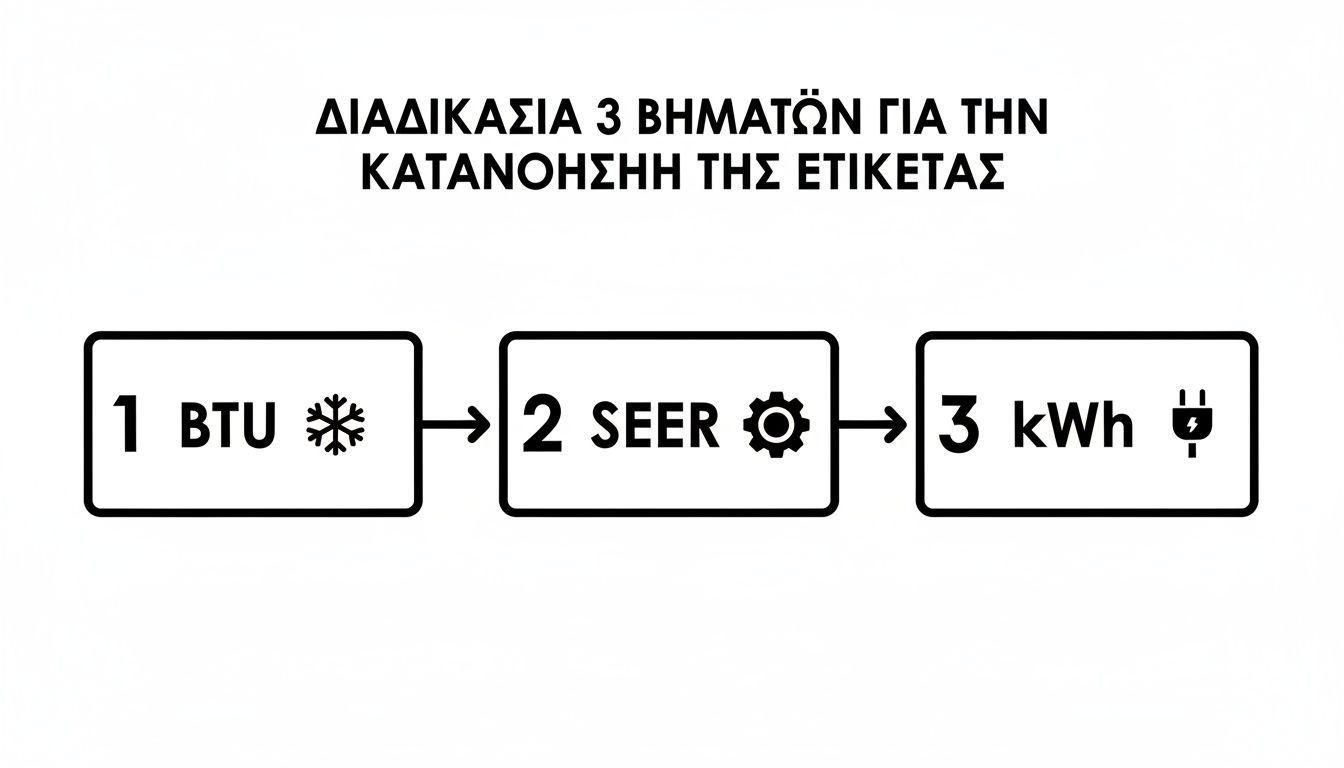Διάγραμμα με 3 βήματα για την κατανόηση της ετικέτας ενέργειας κλιματιστικού, με BTU, SEER και kWh.