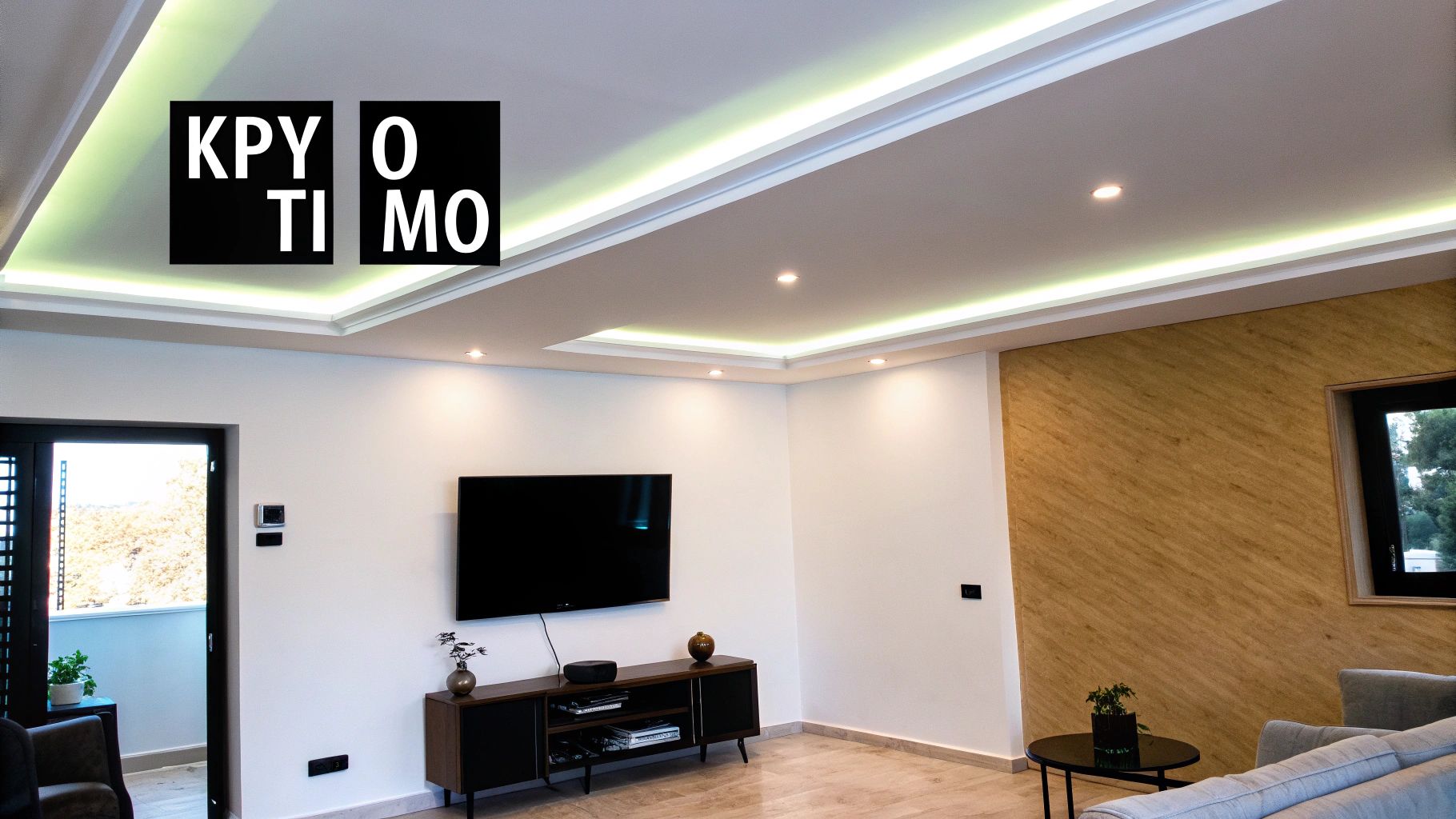 Μοντέρνο σαλόνι με ψευδοροφή, κρυφό φωτισμό LED και σποτ. Τηλεόραση και ξύλινη επένδυση τοίχου.