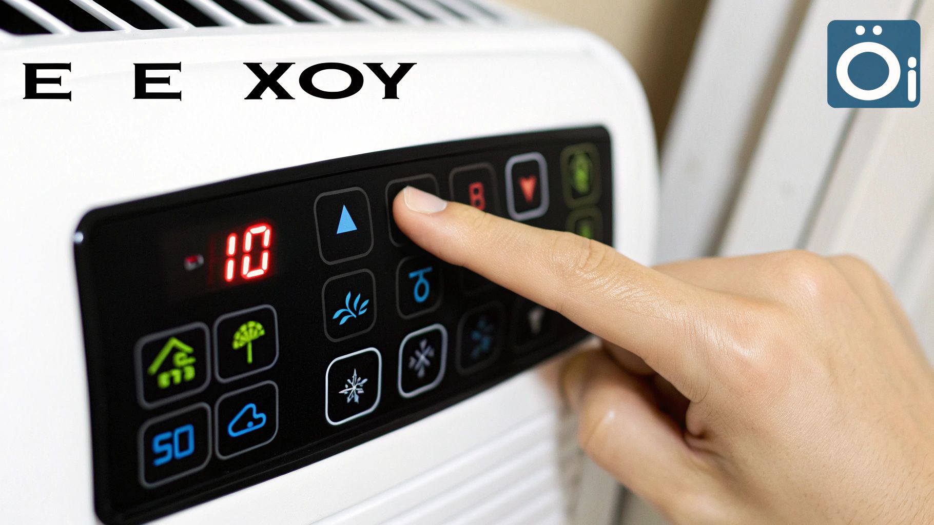 Χέρι πατάει κουμπί σε πίνακα ελέγχου αφυγραντήρα, με οθόνη που δείχνει -10.