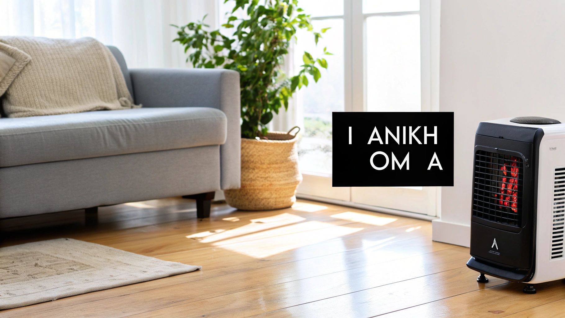 Ευρύχωρο σαλόνι με γκρι καναπέ, πράσινο φυτό, ξύλινο πάτωμα και λευκό θερμαντήρα.