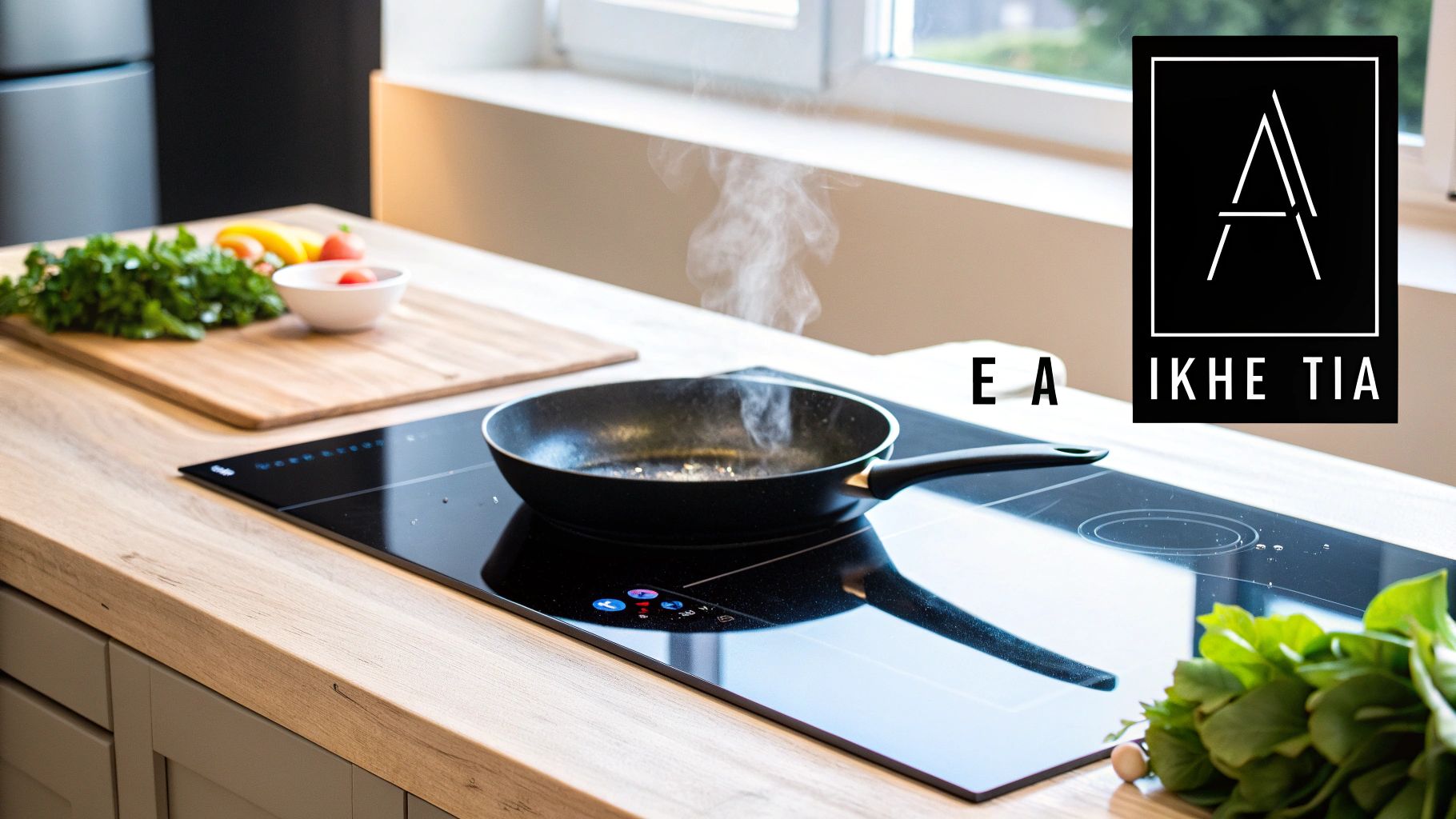 Πάγκος κουζίνας με επαγωγική εστία, τηγάνι που αχνίζει και φρέσκα λαχανικά σε ξύλο κοπής.