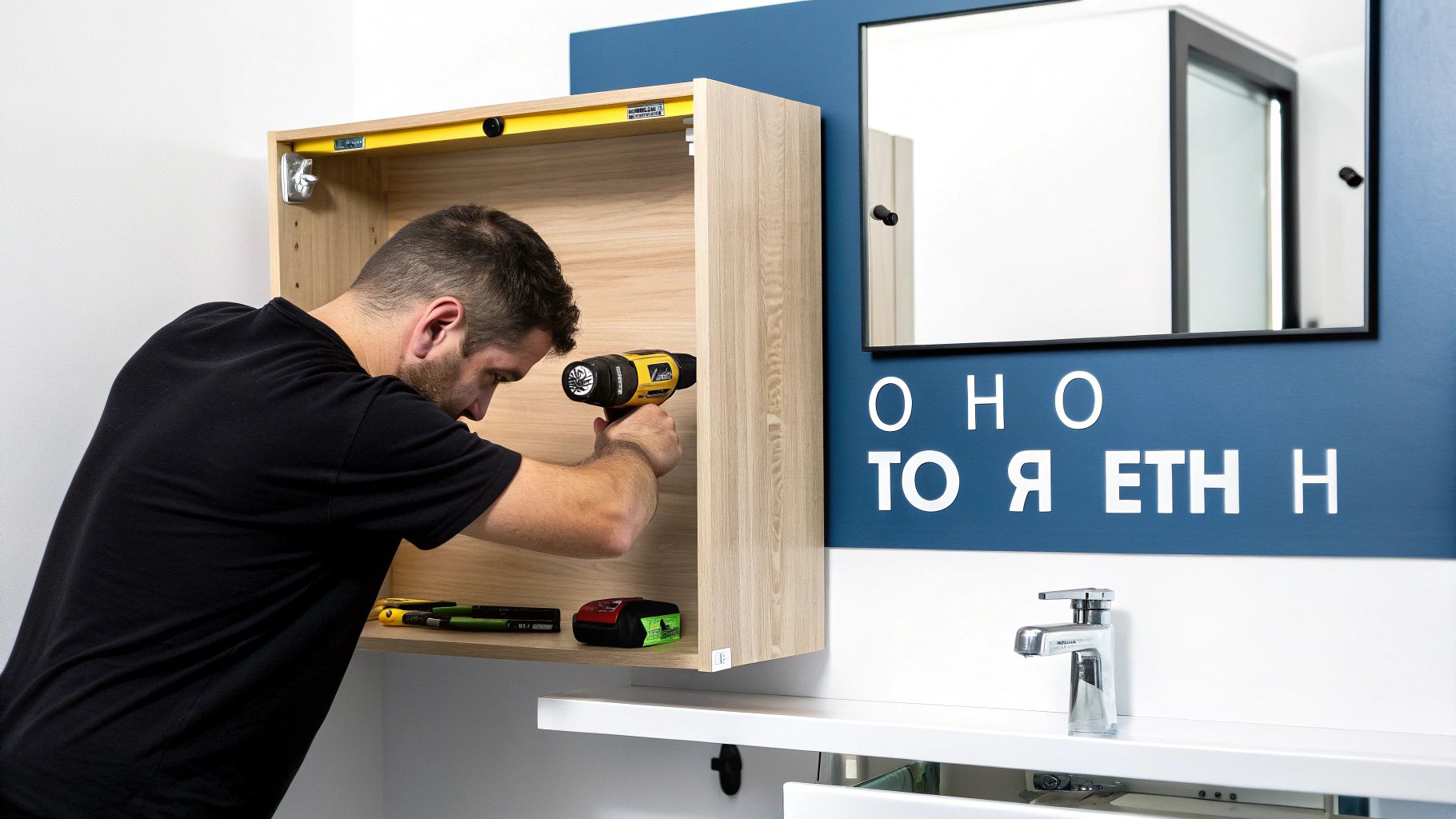 Άντρας εγκαθιστά ξύλινο ντουλάπι μπάνιου με τρυπάνι, πάνω από νιπτήρα και καθρέφτη.