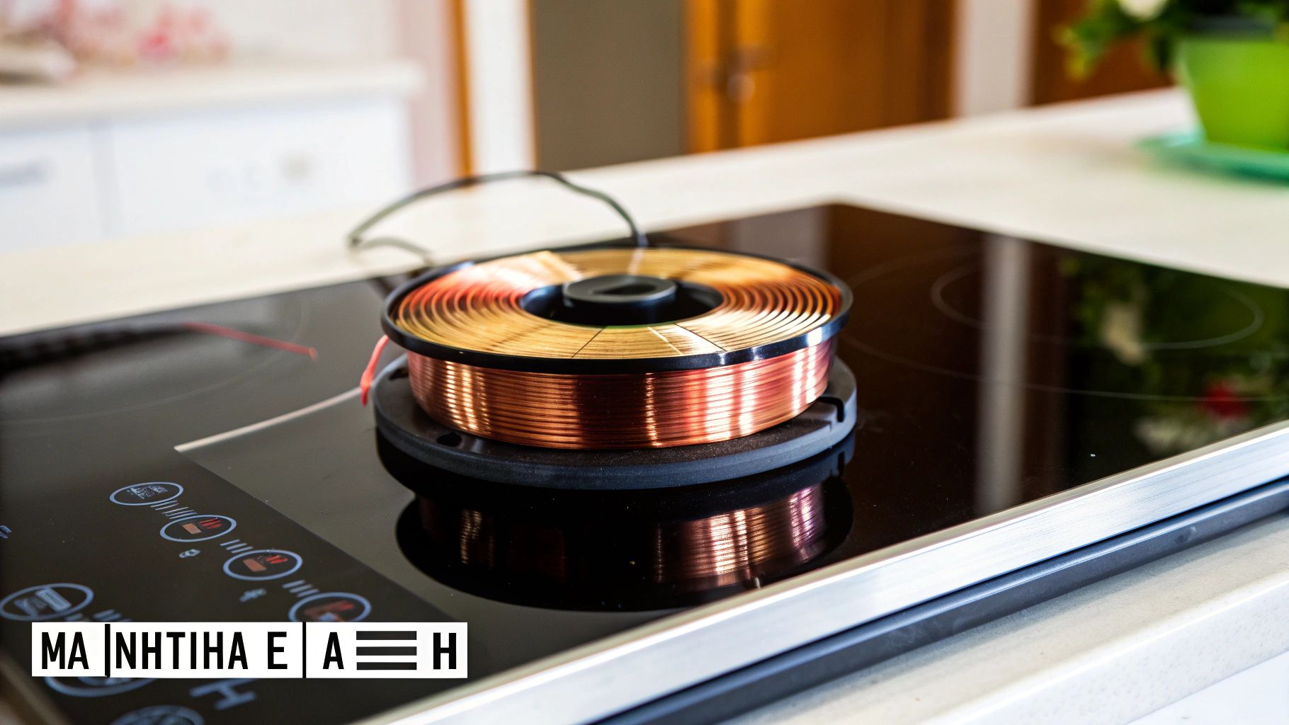 Χάλκινο πηνίο τοποθετημένο πάνω σε μια μαύρη επαγωγική εστία, με καλώδια σύνδεσης.