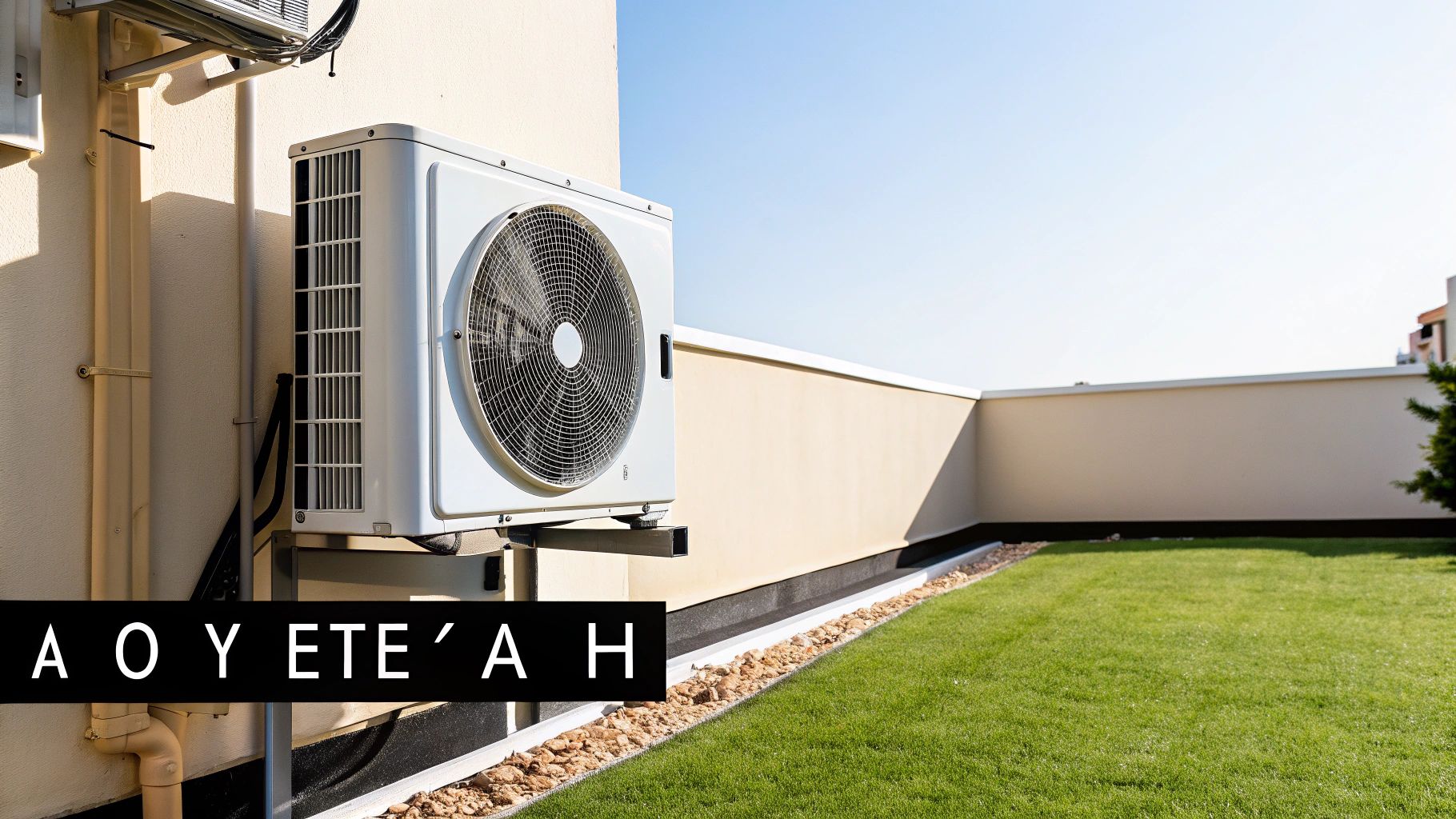 Εξωτερική μονάδα κλιματιστικού/αντλίας θερμότητας σε τοίχο κτιρίου, με πράσινο γρασίδι και μπλε ουρανό.