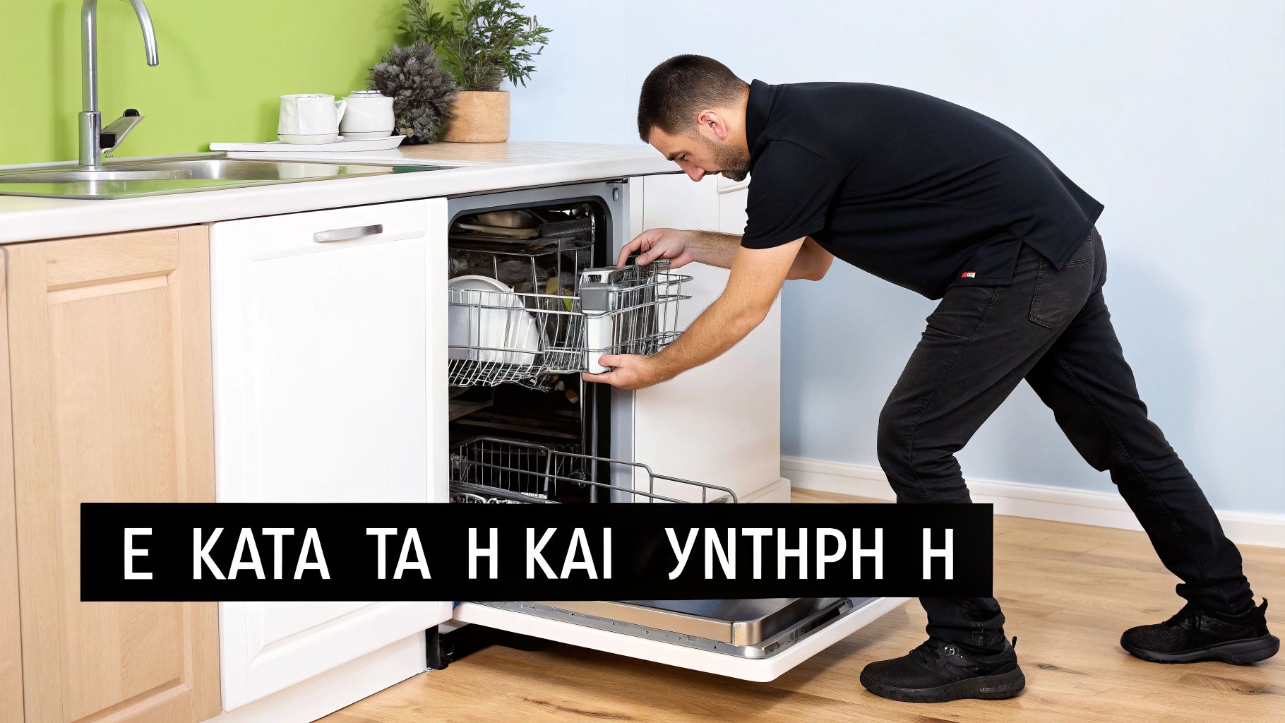 Ένας άνδρας βάζει πιάτα σε ένα εντοιχιζόμενο πλυντήριο πιάτων σε μια μοντέρνα κουζίνα.