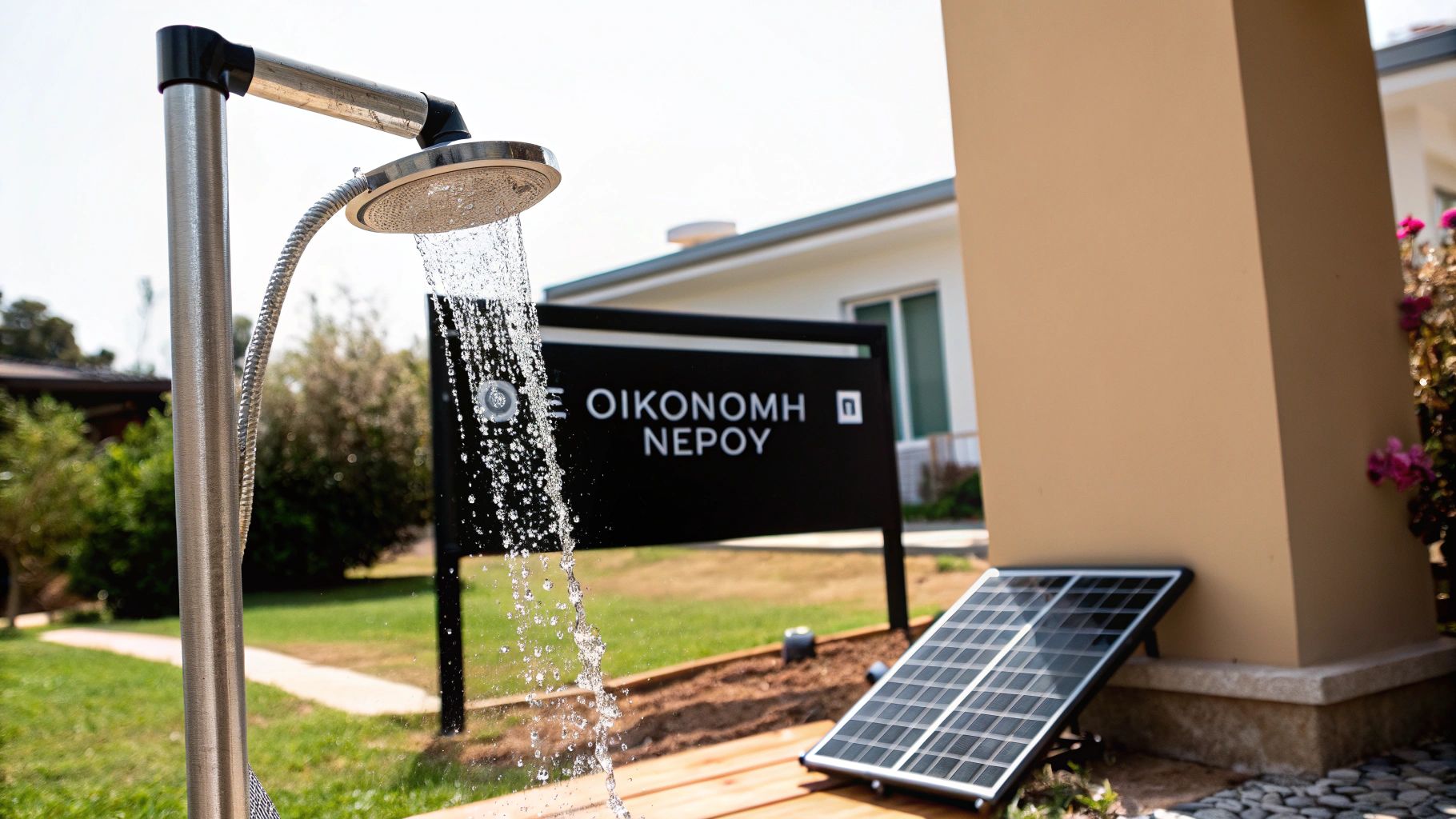 Εξωτερική ντουζιέρα με τρεχούμενο νερό, ηλιακό πάνελ και πινακίδα εξοικονόμησης νερού σε κήπο.