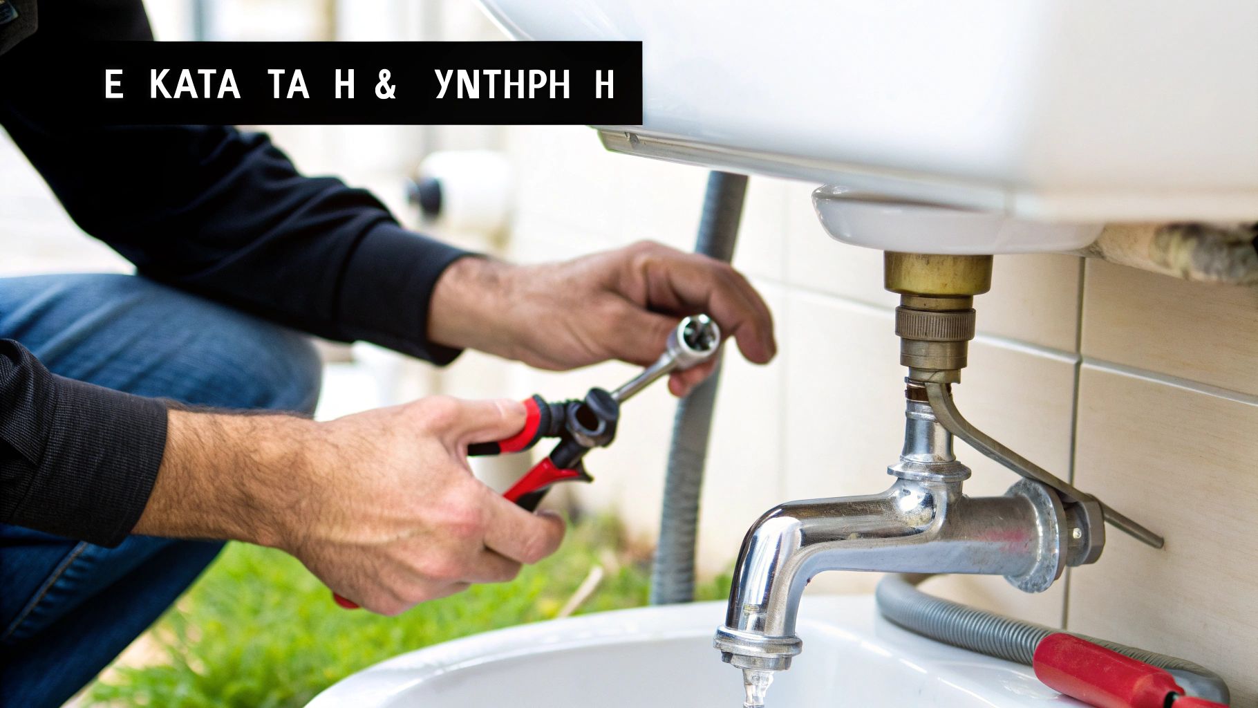 Χέρια τεχνίτη που εγκαθιστούν μια χρωμέ βρύση σε λευκό νιπτήρα