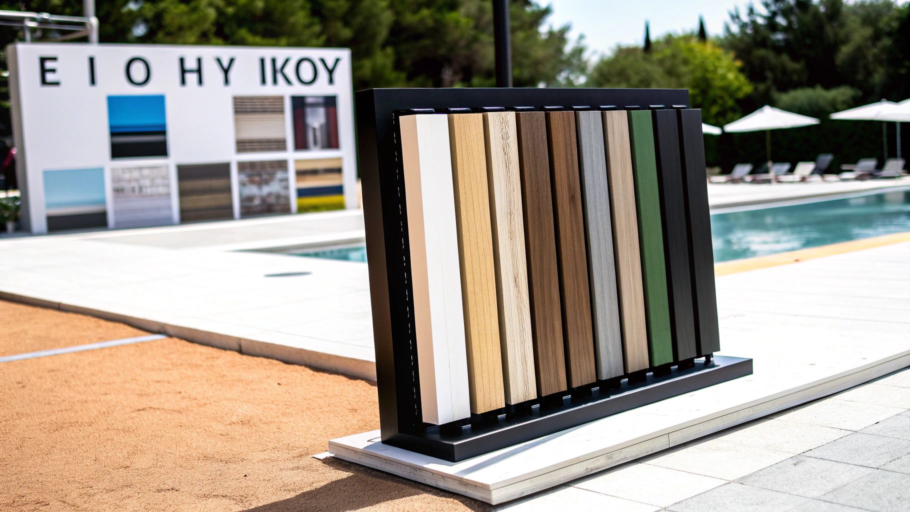 Δείγματα υλικών εξωτερικού χώρου με διαφορετικά χρώματα και υφές δίπλα σε πισίνα.