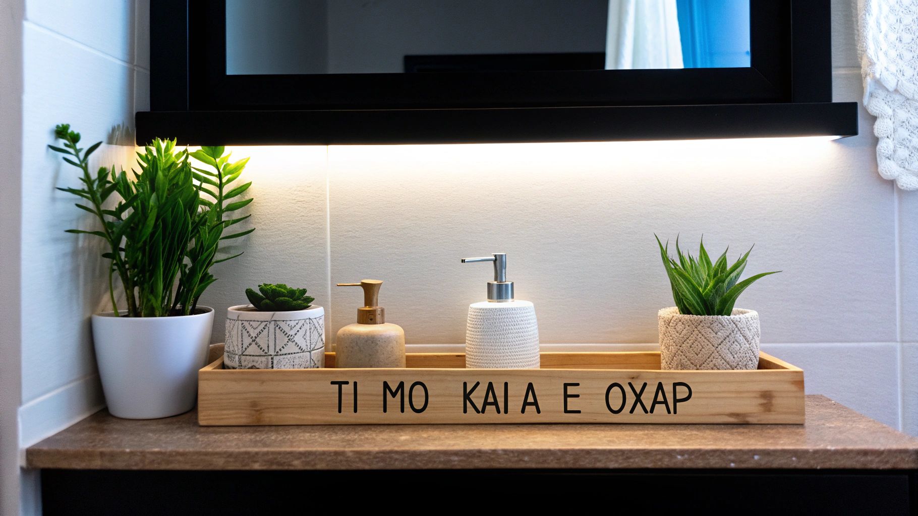 Πάγκος μπάνιου με διακοσμητικά φυτά, αντλίες σαπουνιού και ξύλινο δίσκο κάτω από φωτισμένο καθρέφτη.