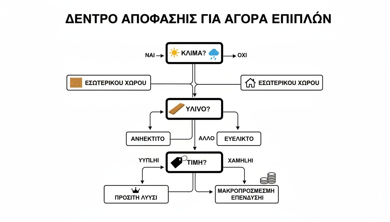 Δεντρό απόφασης για αγορά επίπλων, αξιολογώντας κλίμα, υλικό και τιμή για εσωτερικούς ή εξωτερικούς χώρους.