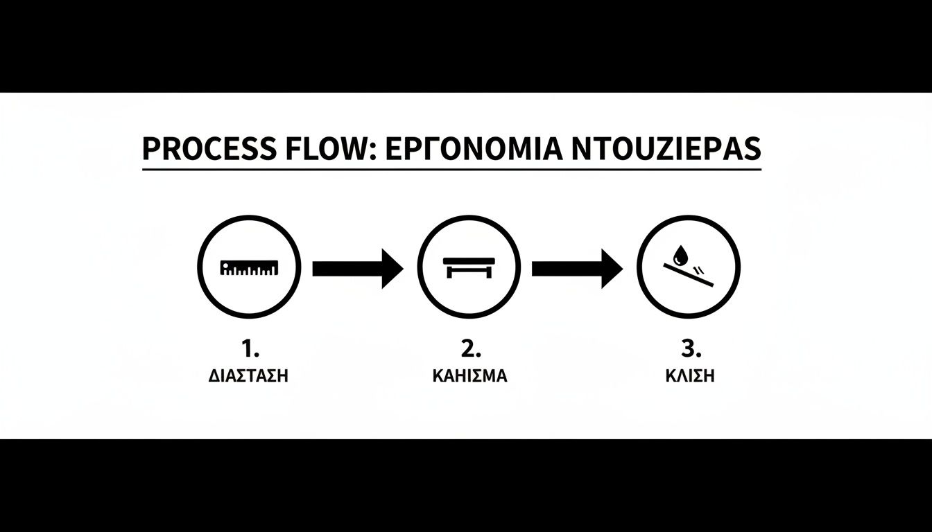 Διάγραμμα ροής για εργονομία ντουζιέρας με βήματα: διάσταση, κάθισμα, κλίση.