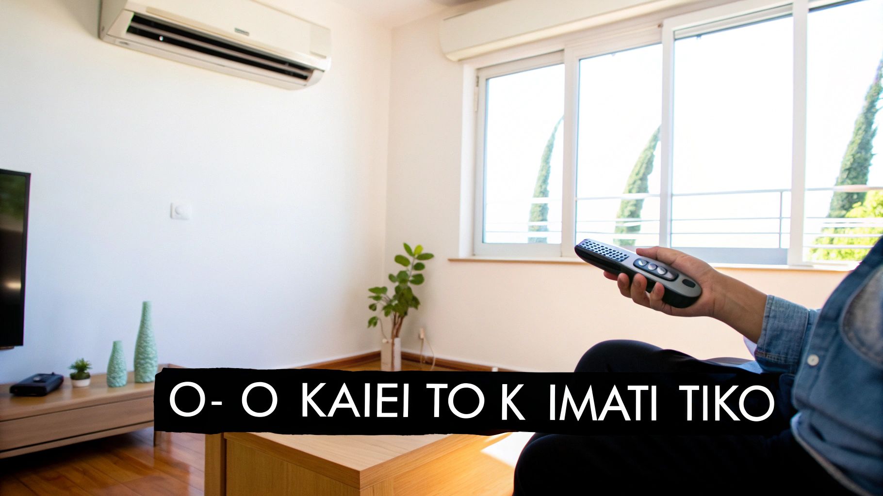 Άνθρωπος κρατά τηλεχειριστήριο κλιματιστικού σε ένα φωτεινό σαλόνι με το κλιματιστικό στον τοίχο.