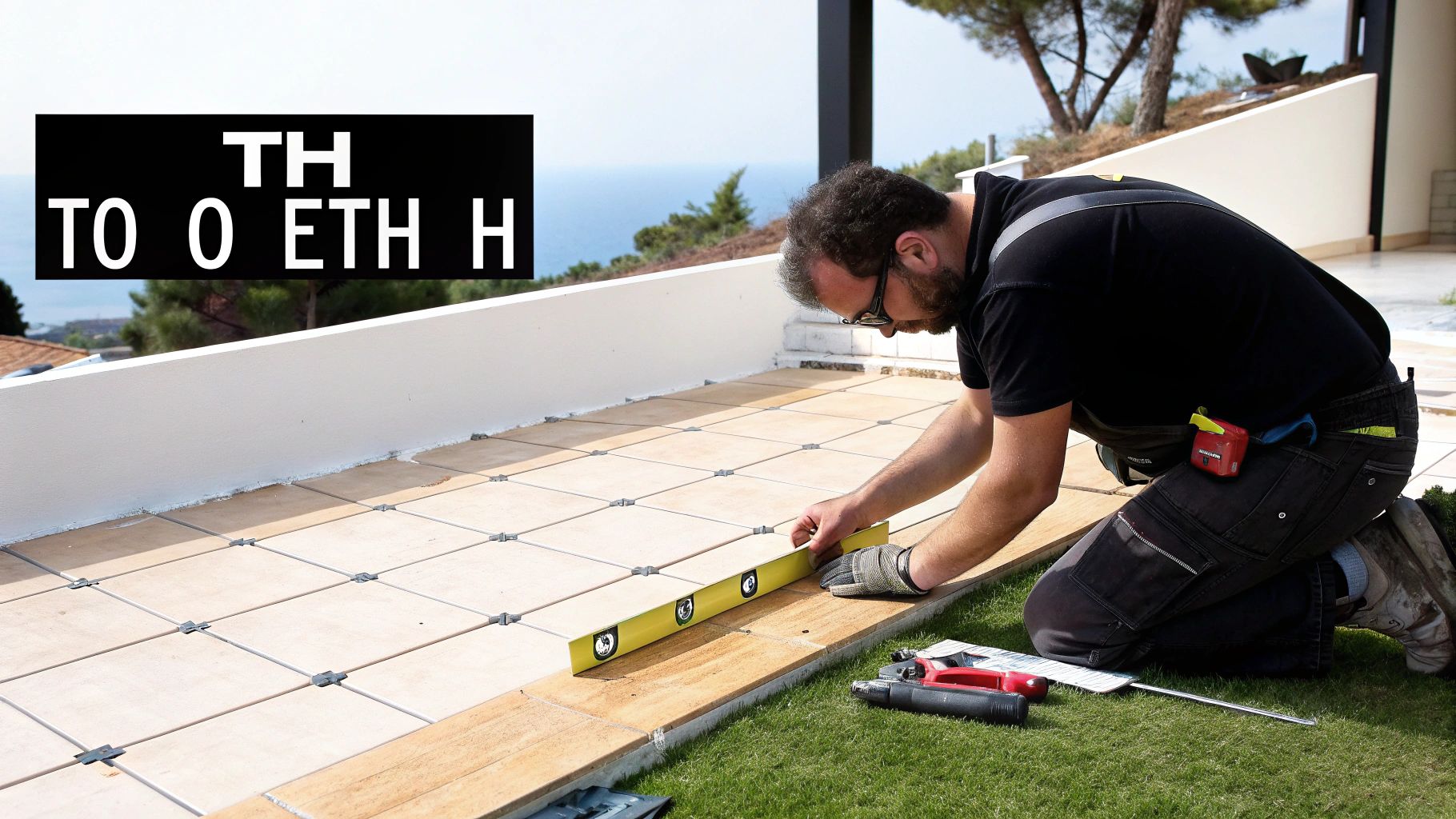 Άνδρας τοποθετεί πλακάκια δαπέδου σε εξωτερικό χώρο, χρησιμοποιώντας αλφάδι, διασφαλίζοντας επίπεδη επιφάνεια.