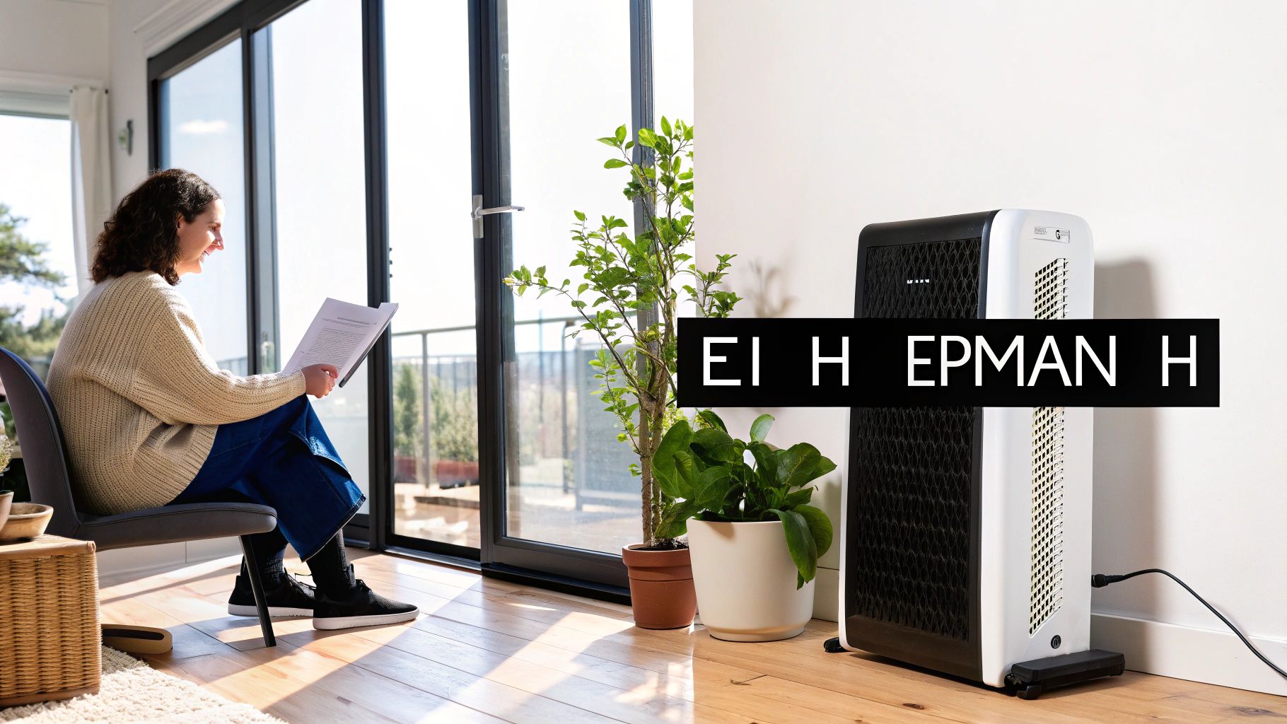 Μια γυναίκα διαβάζει χαμογελώντας σε ένα φωτεινό δωμάτιο με μεγάλα παράθυρα, δίπλα σε ένα ηλεκτρικό θερμαντικό σώμα και φυτά.