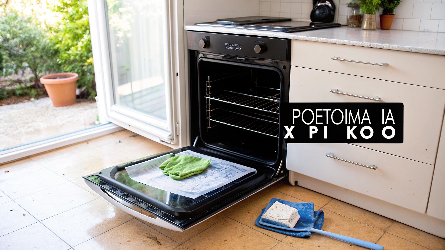 Εσωτερικό ανοιχτού φούρνου κουζίνας με πράσινο πανί, χαρτί και είδη καθαρισμού στο πάτωμα.
