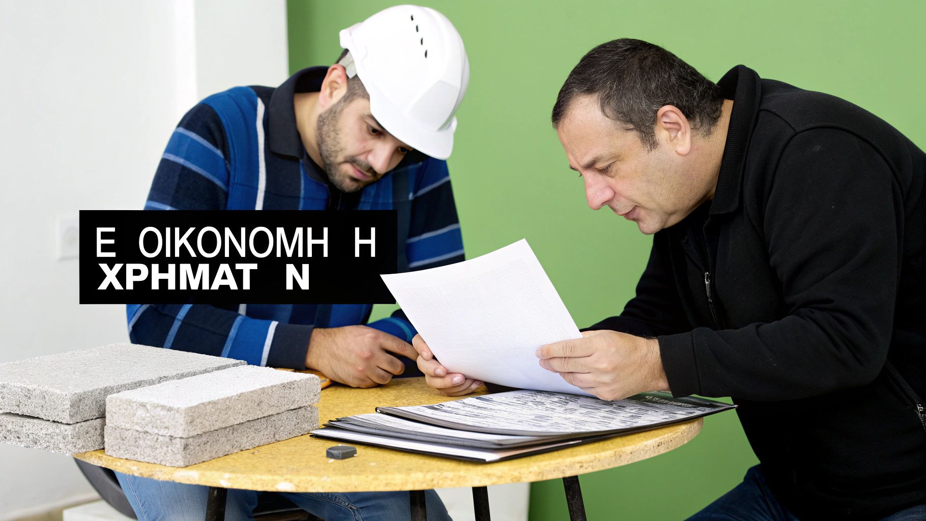 Δύο άνδρες, ένας με κράνος, συζητούν μελετώντας έγγραφα σε τραπέζι με οικοδομικά υλικά.