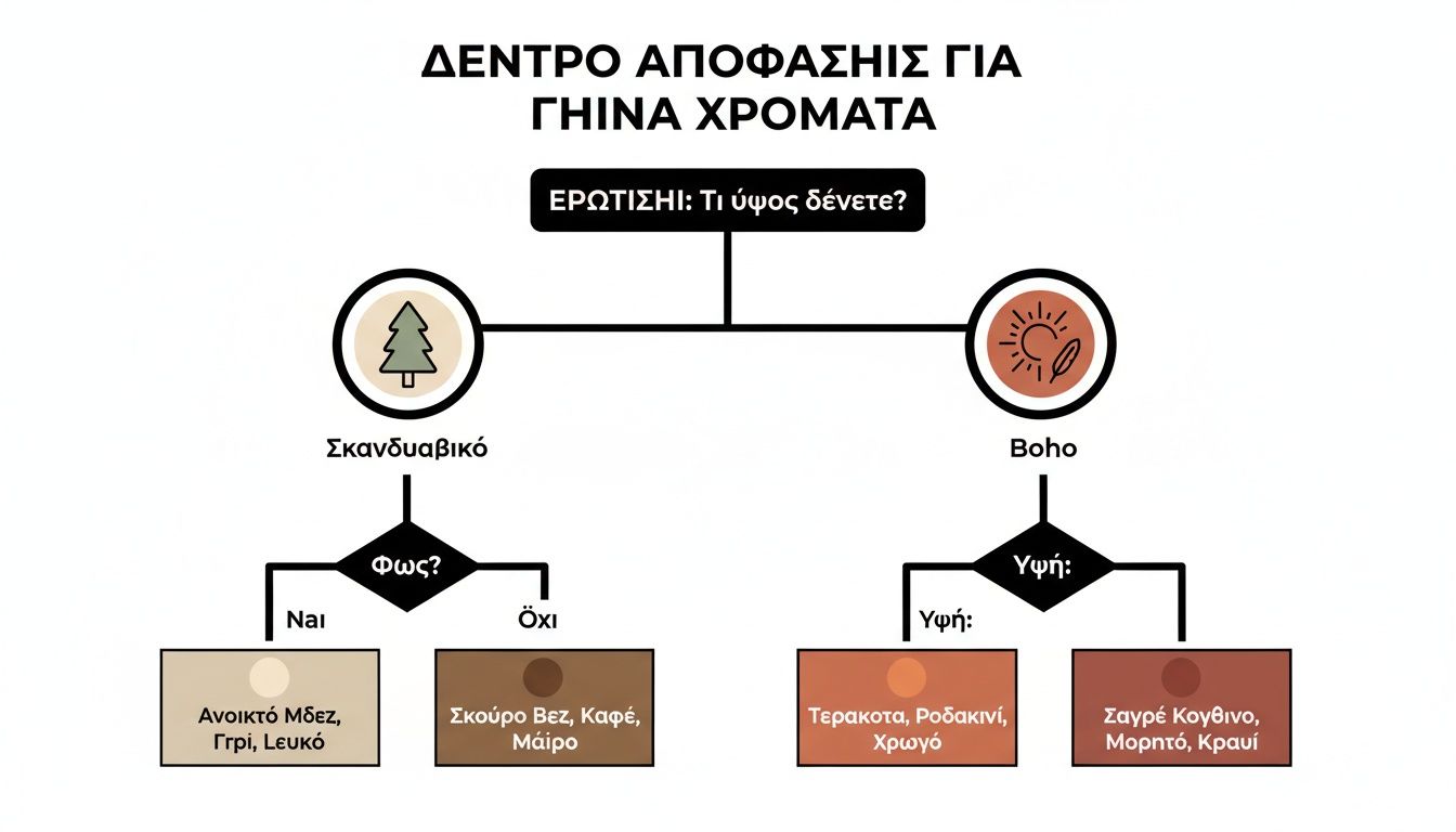Δέντρο απόφασης για γήινα χρώματα. Επιλέξτε σκανδιναβικό ή boho στυλ, με βάση το φως και την υφή.