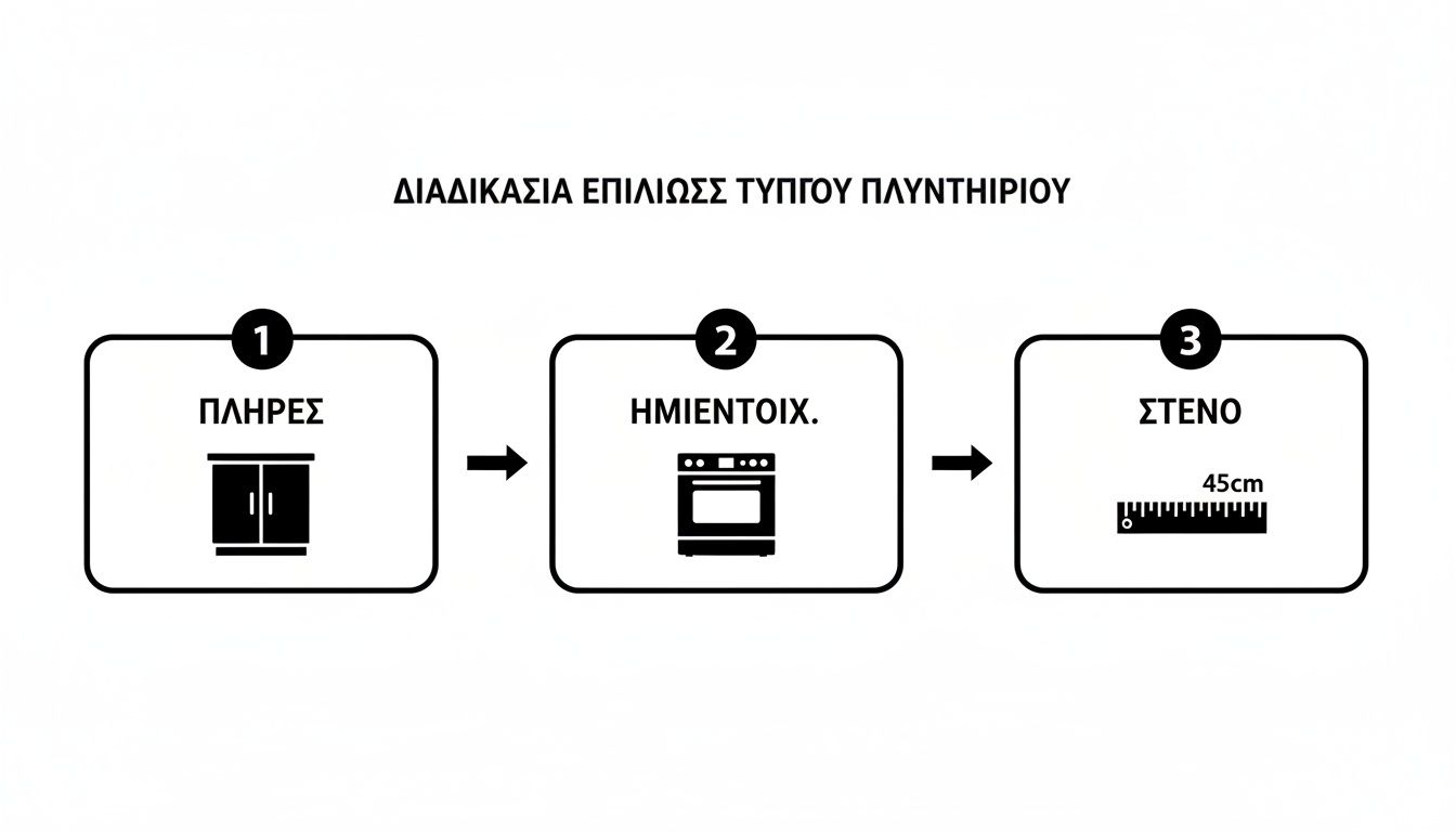 Διάγραμμα που δείχνει τους τύπους εντοιχισμένων πλυντηρίων πιάτων: πλήρες, ημιεντοιχιζόμενο και στενό 45 εκ.