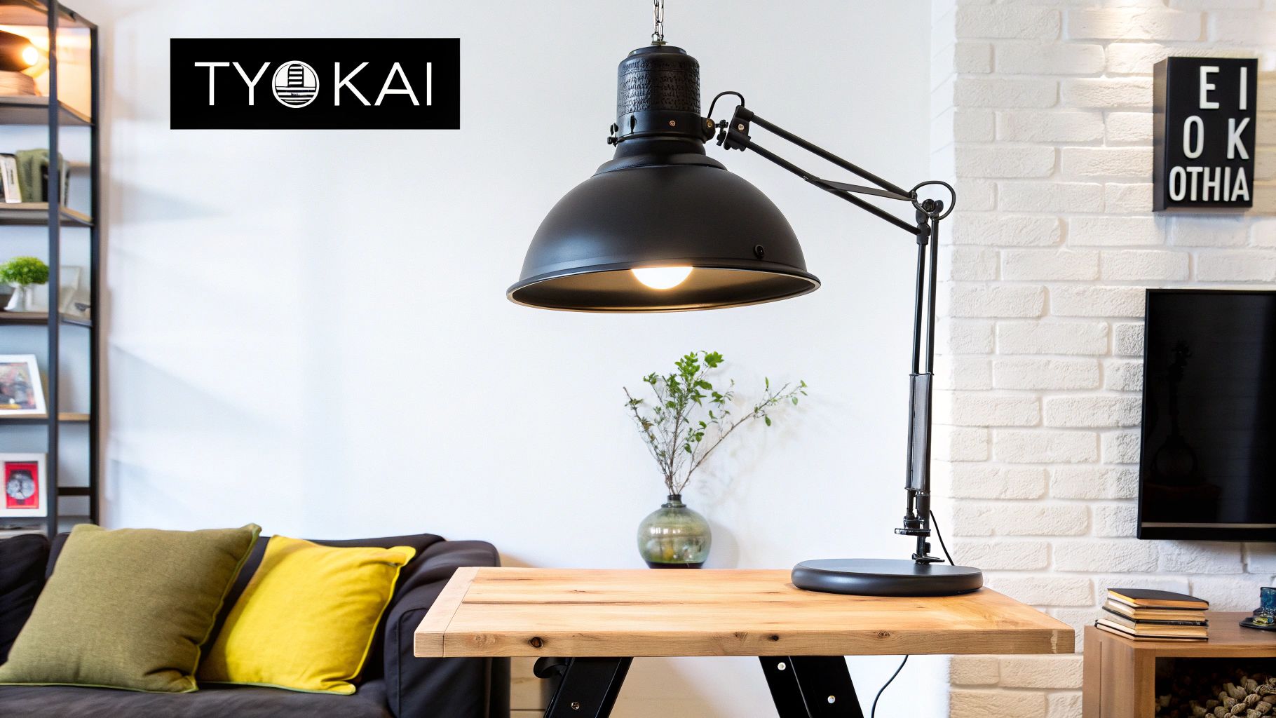 Ένα μοντέρνο σαλόνι με μαύρο φωτιστικό δαπέδου, ξύλινο τραπέζι και καναπέ με μαξιλάρια.