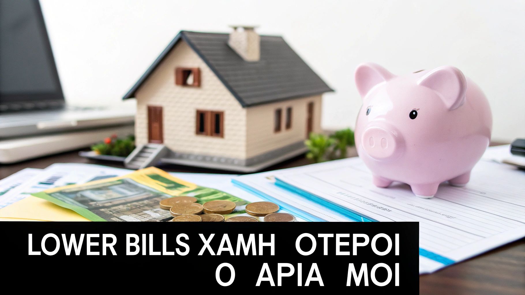 Πήλινη κουμπαράς, μικροσκοπικό σπίτι, χρήματα και έγγραφα σε γραφείο, που υποδηλώνουν εξοικονόμηση λογαριασμών και ενέργειας.